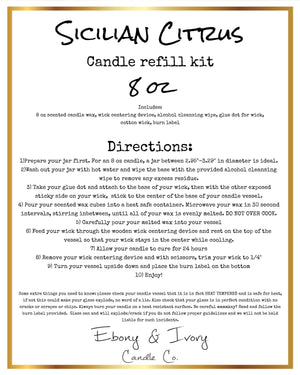 White label with a gold trim for an eight ounce Sicilian Citrus candle refill kit