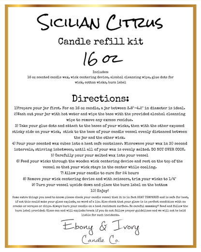 White label with gold trim for a sixteen ounce Sicilian citrus candle refill kits