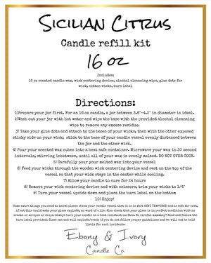 White label with a gold trim for a sixteen ounce Sicilian Citrus candle refill kit