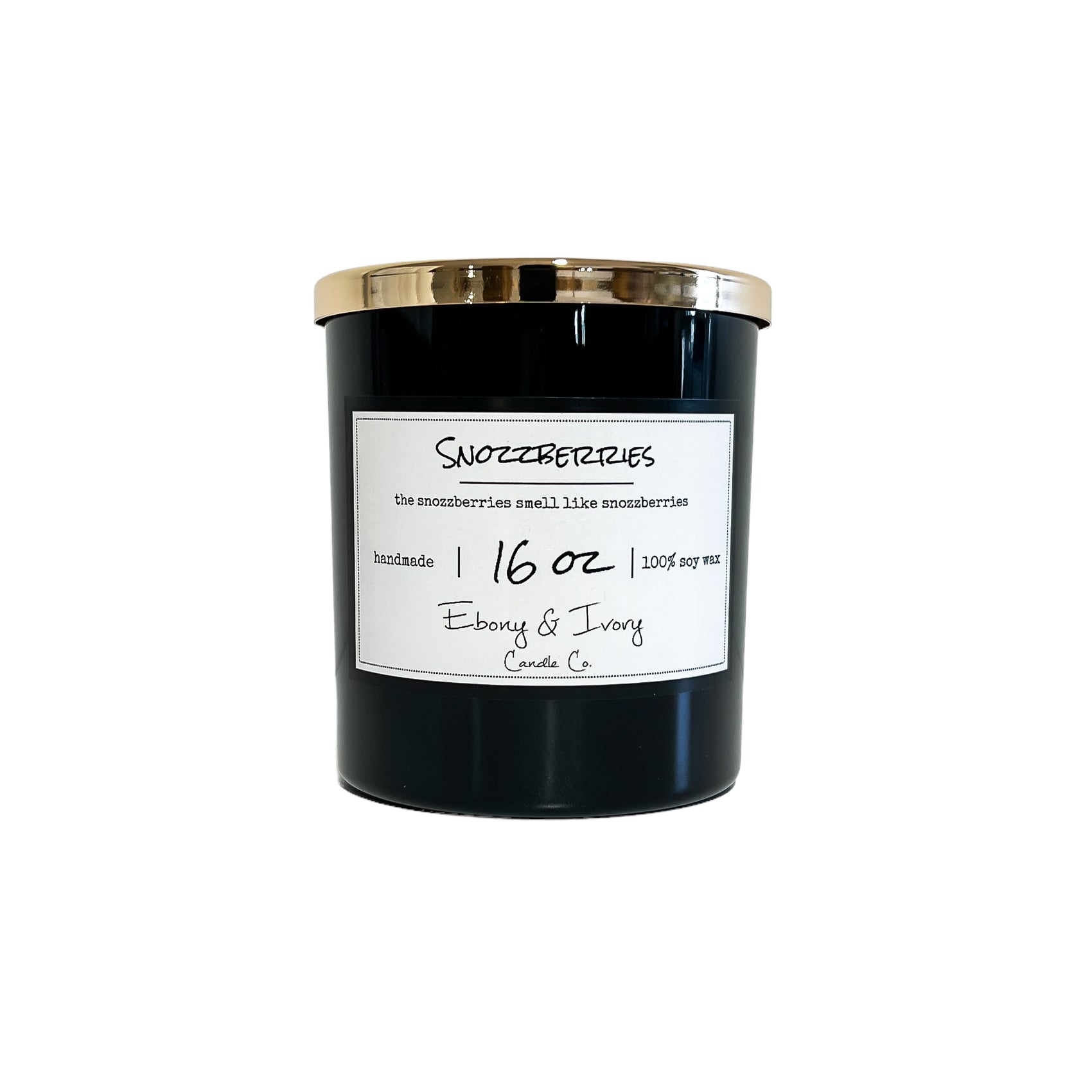 Black, sixteen ounce, nectarine, pomegranate, and berries scented soy wax candle with a gold lid and a white label that reads Snozzberries