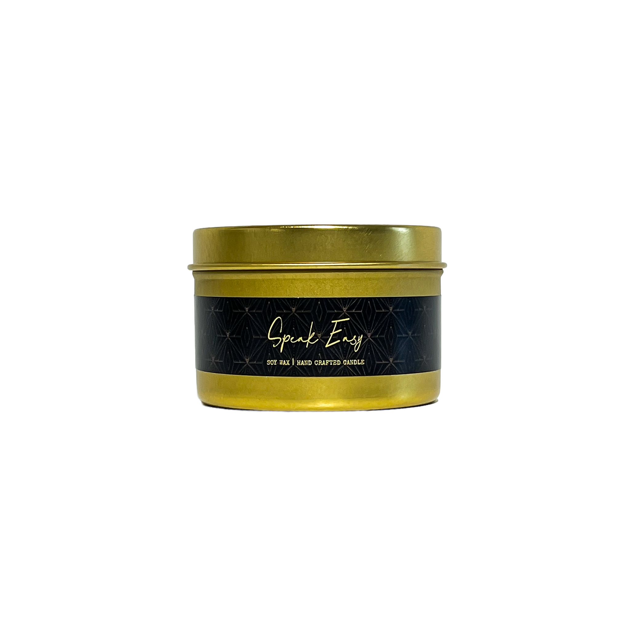 Gold, four ounce tin, soy wax candle with black label that reads Speak Easy