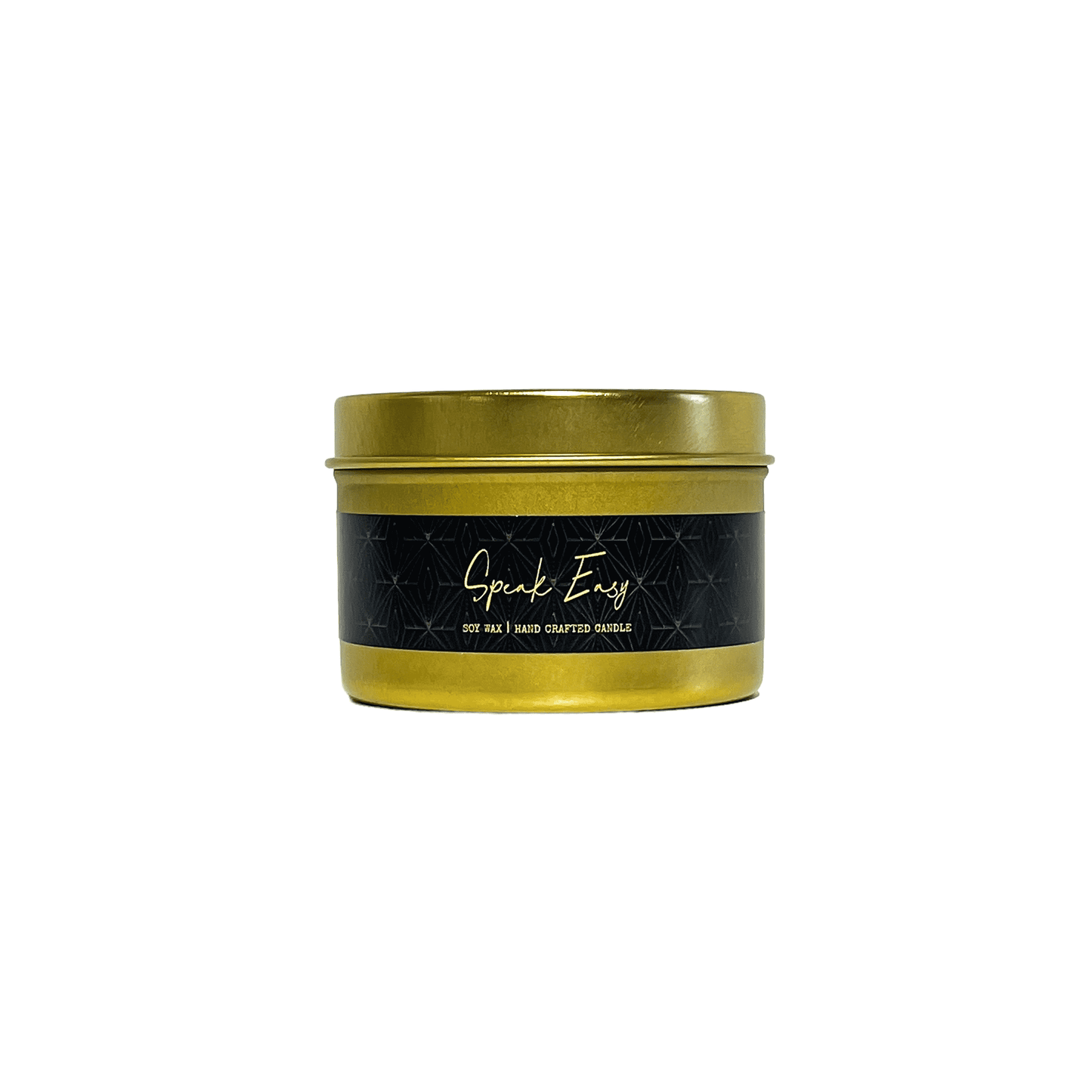 A gold 4oz tin soy candle with a black label named Speak Easy, on a white background, made by Ebony & Ivory Candle Co, in Lethbridge, Alberta, Canada