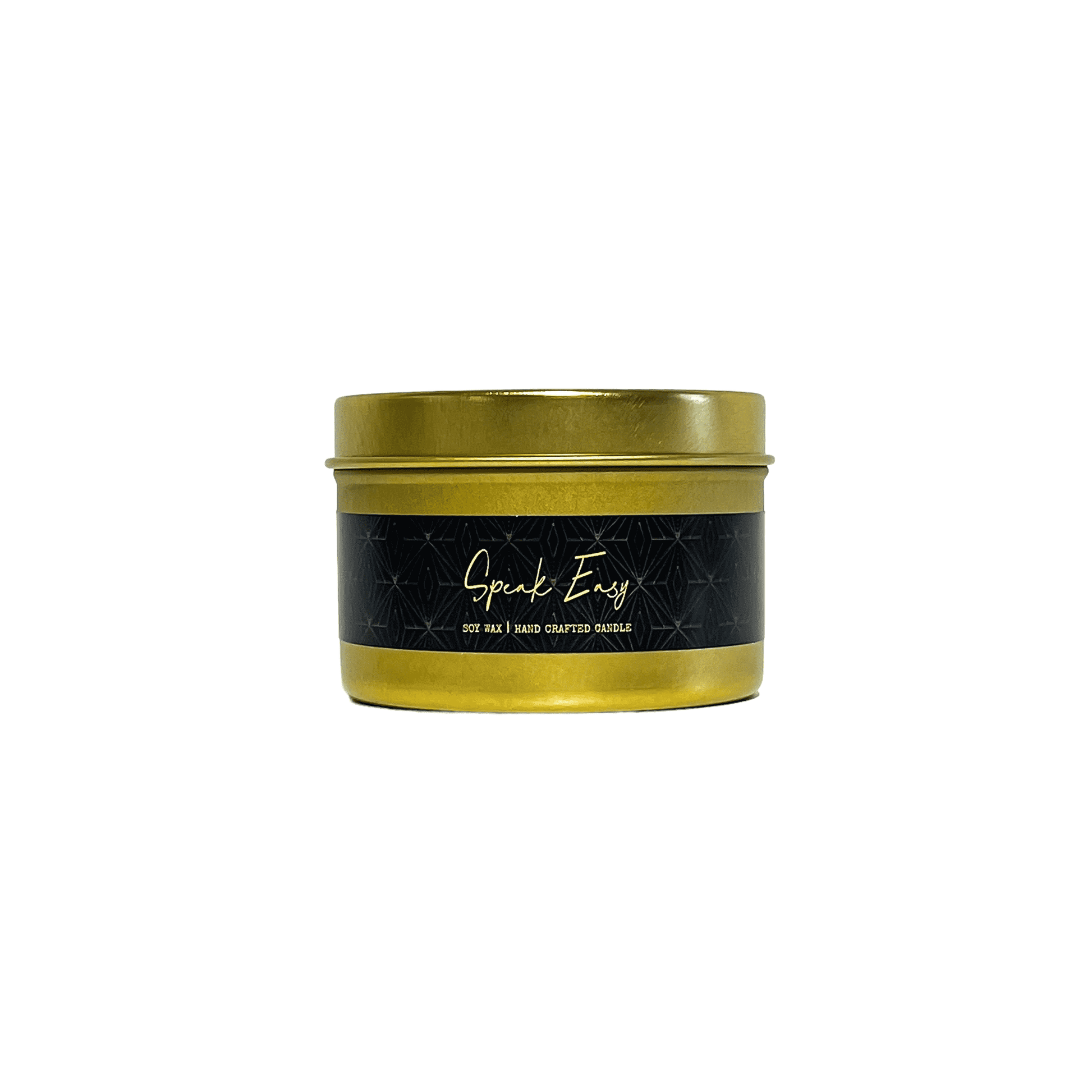 A gold 4oz tin soy candle with a black label named Speak Easy, on a white background, made by Ebony & Ivory Candle Co, in Lethbridge, Alberta, Canada