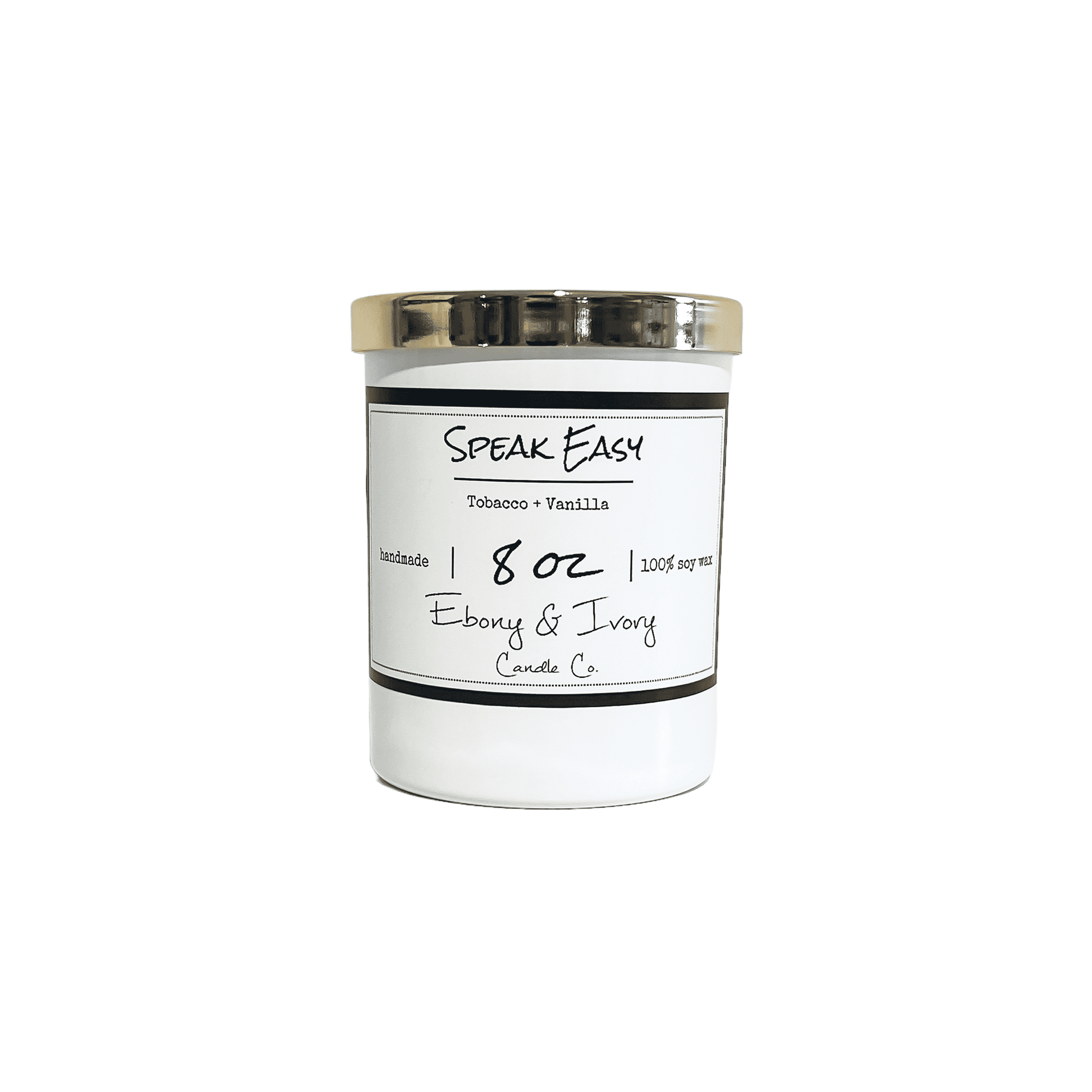 White, eight ounce, tobacco and vanilla scented soy wax candle with a gold lid and a white label that reads Speak Easy