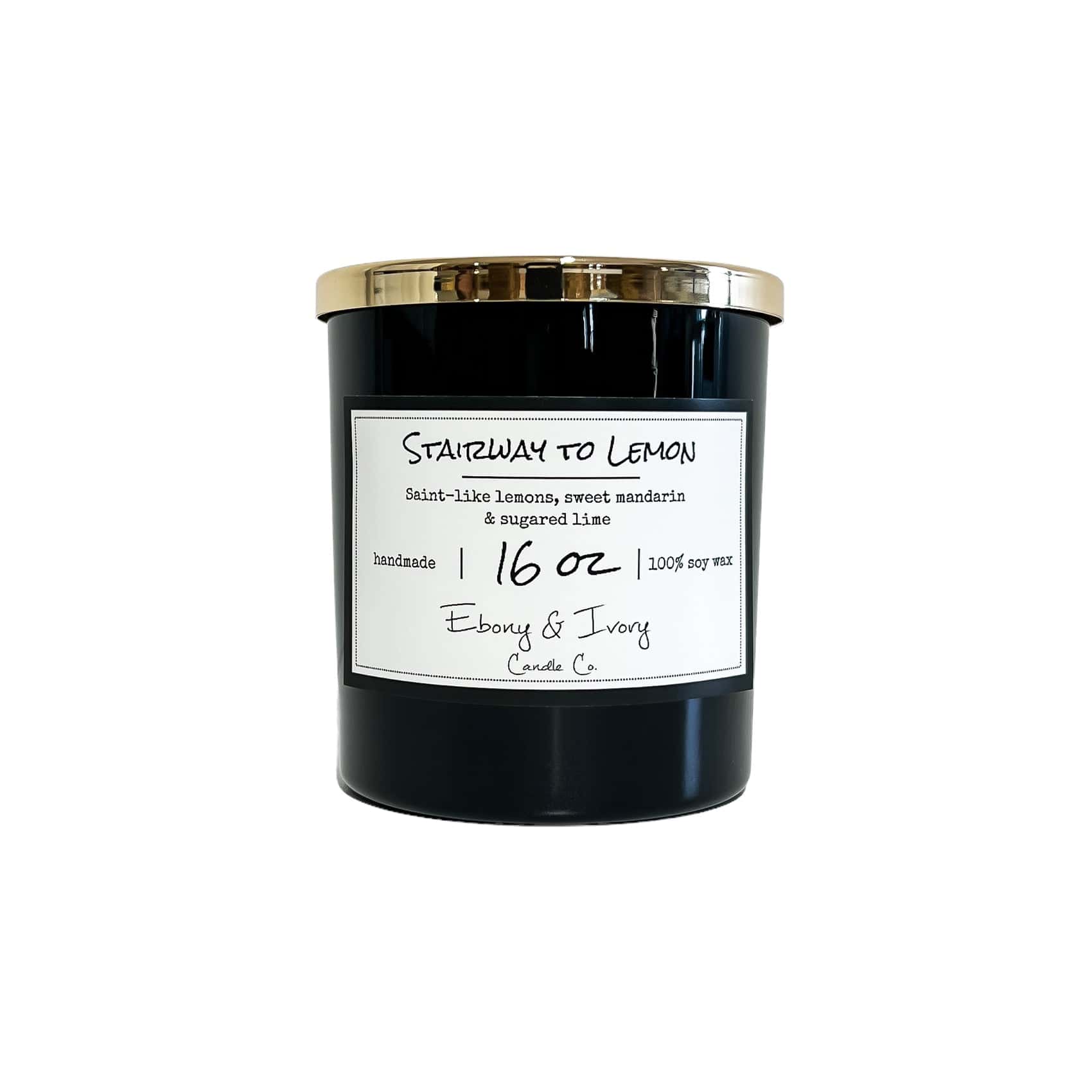 Black, sixteen ounce, Lemon, mandarin, and sugared lime scented soy wax candle with a gold lid and a white label that reads Stairway to Lemon
