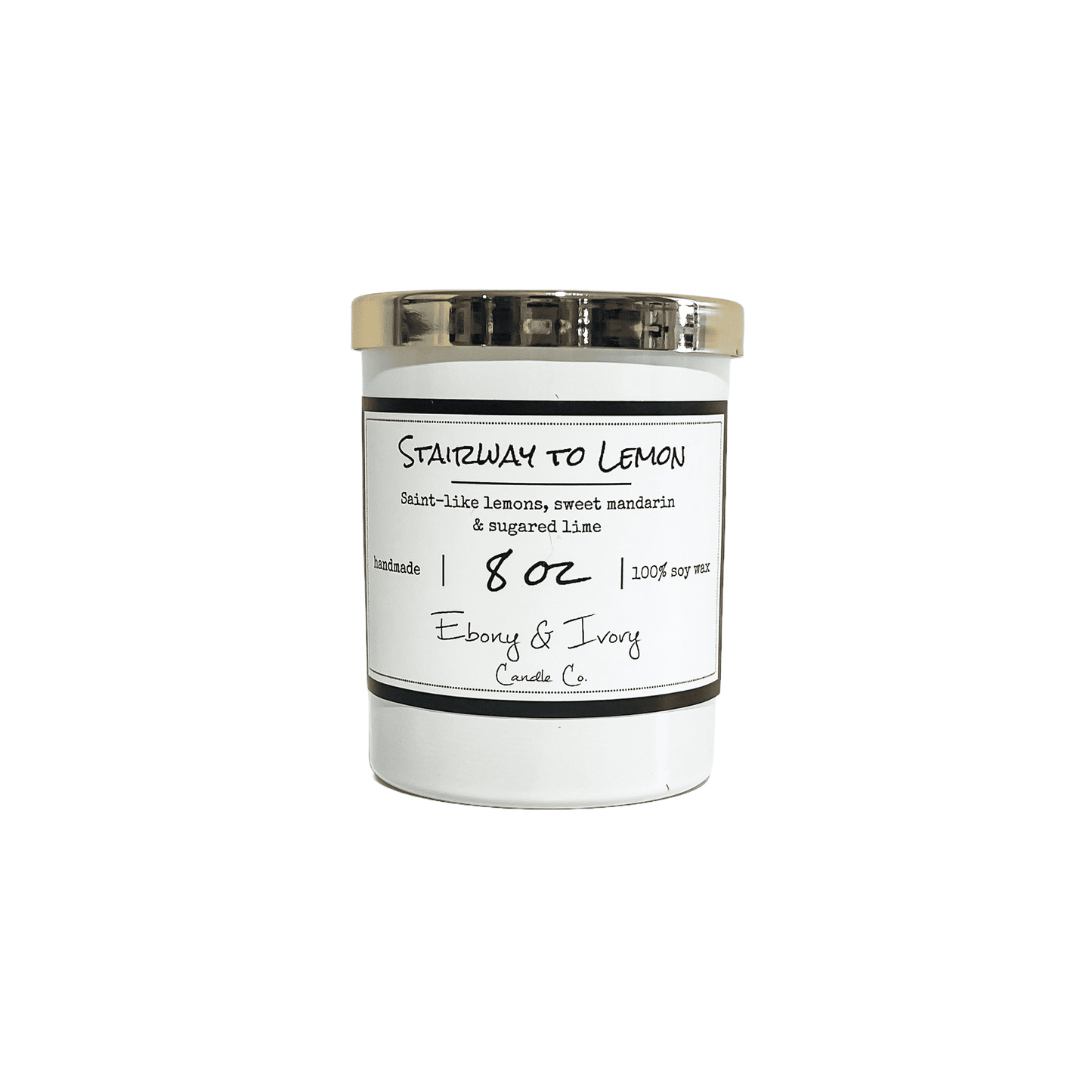 White, eight ounce, Lemon, mandarin, and sugared lime scented soy wax candle with a gold lid and a white label that reads Stairway to Lemon