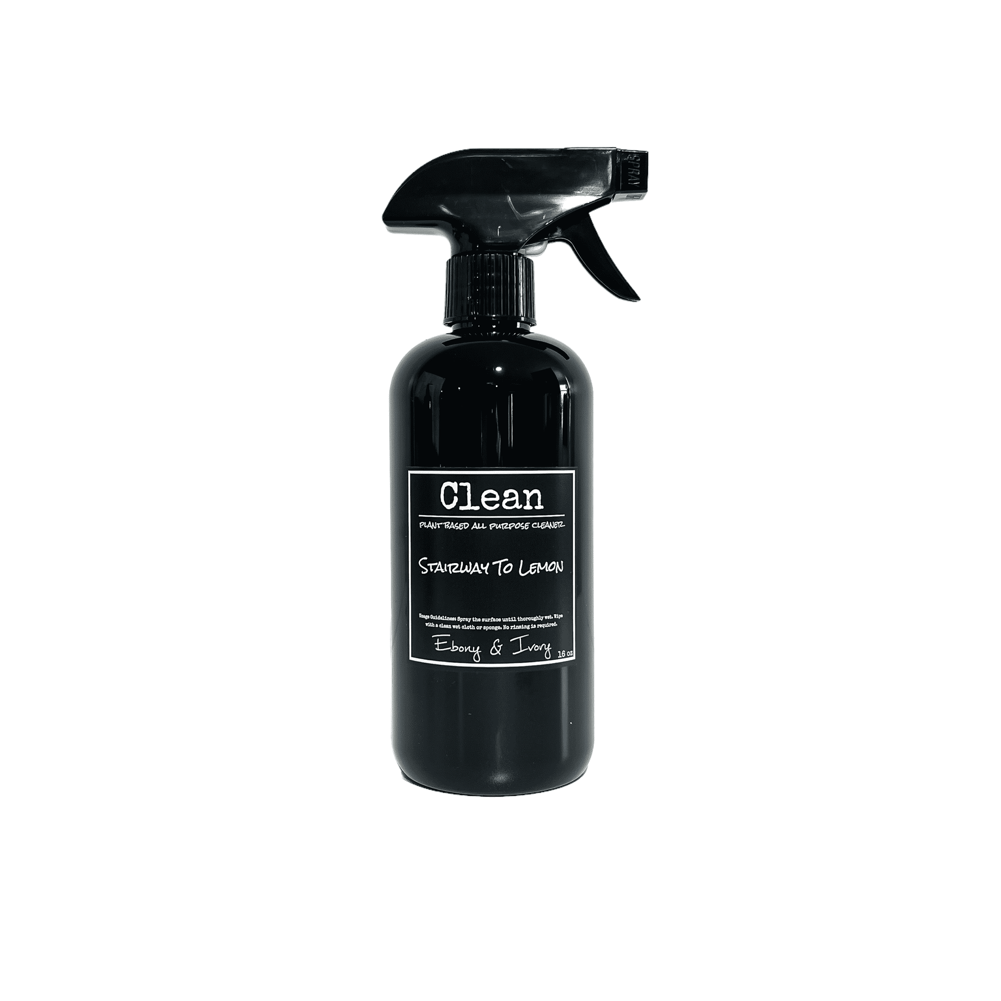 Black spray bottle of sweet lemon scented all purpose cleaner with a black label that reads Stairway to Lemon