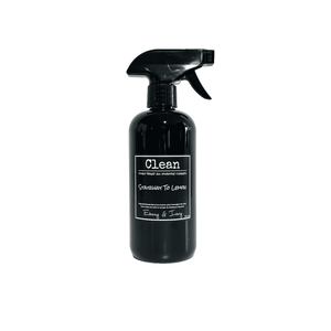 Black spray bottle of sweet lemon scented all purpose cleaner with a black label that reads Stairway to Lemon