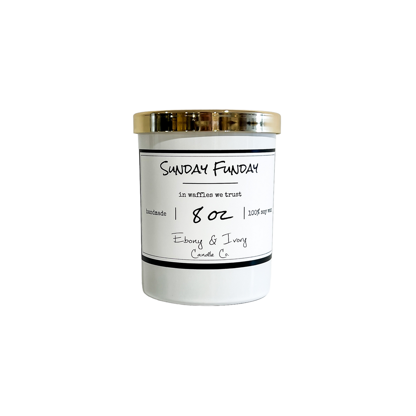 White, eight ounce, sugar waffle scented soy wax candle with a white label that reads Sunday Funday
