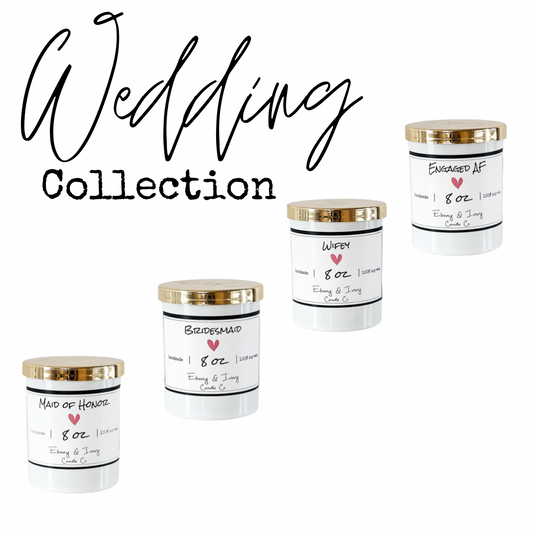 Four white, eight ounce, scented soy wax candles in a diagonal line from the bottom left to the top right. Black over top reads Wedding Collection