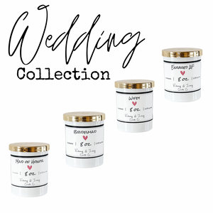 Four white, eight ounce, scented soy wax candles in a diagonal line from the bottom left to the top right. Black over top reads Wedding Collection