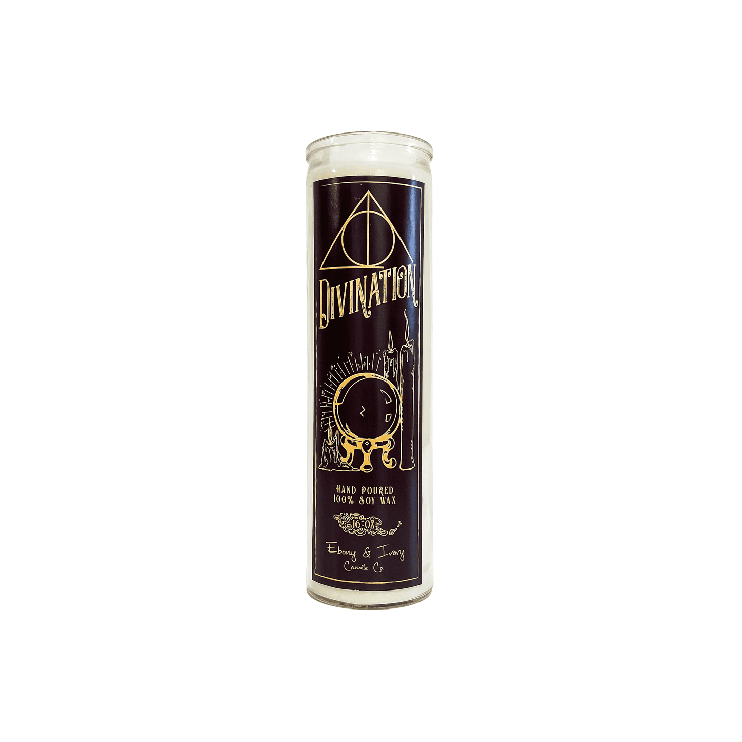 Tall, clear glass, incense, musk, raspberries, and patchouli scented soy wax candle with a dark purple label and gold text that reads Divination