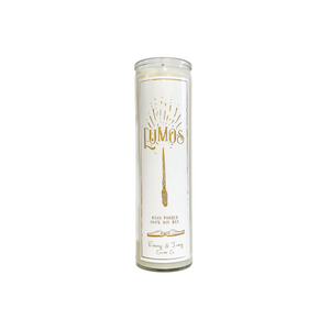 Tall, clear glass, grape, pomegranate, cashmere, and blueberry scented soy wax candle with a white label and gold text that reads Lumos