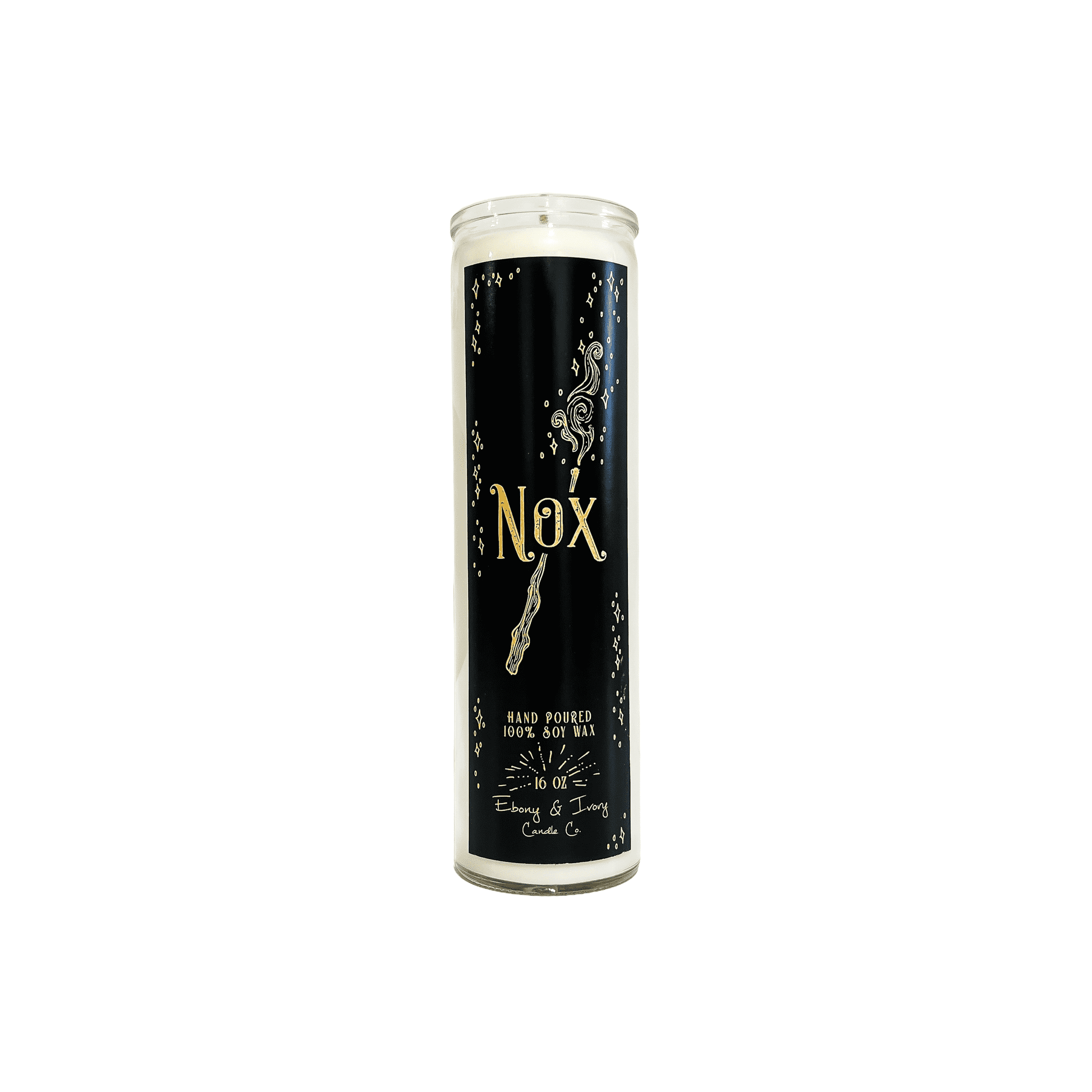 Tall 16oz clear glass jar soy candle with a green label named Nox, on a white background, apart of the wizarding candle collection made by Ebony & Ivory Candle Co in Lethbridge, Alberta, Canada