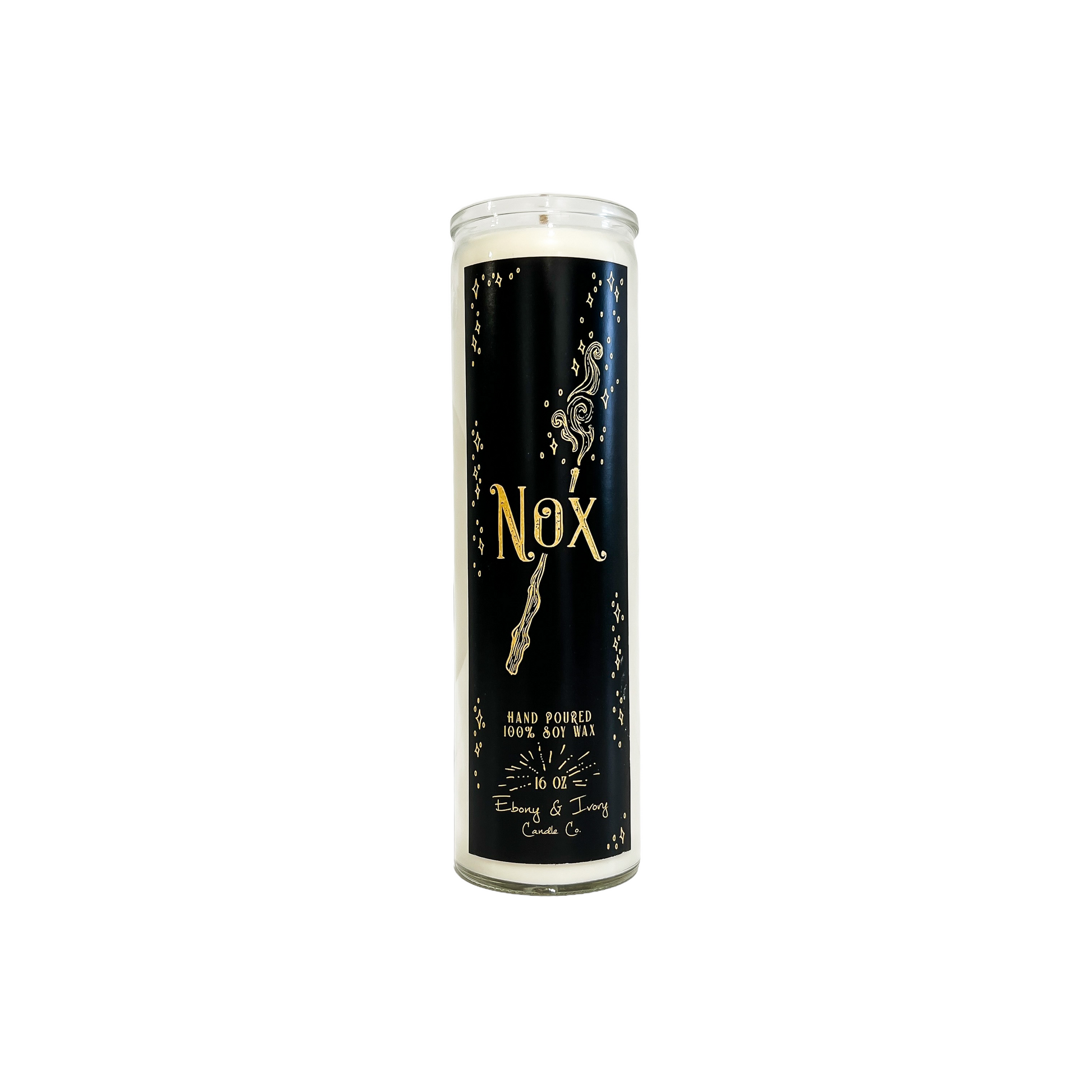 Tall, clear glass, peppermint and eucalyptus scented soy wax candle with a black label and gold text that reads Nox