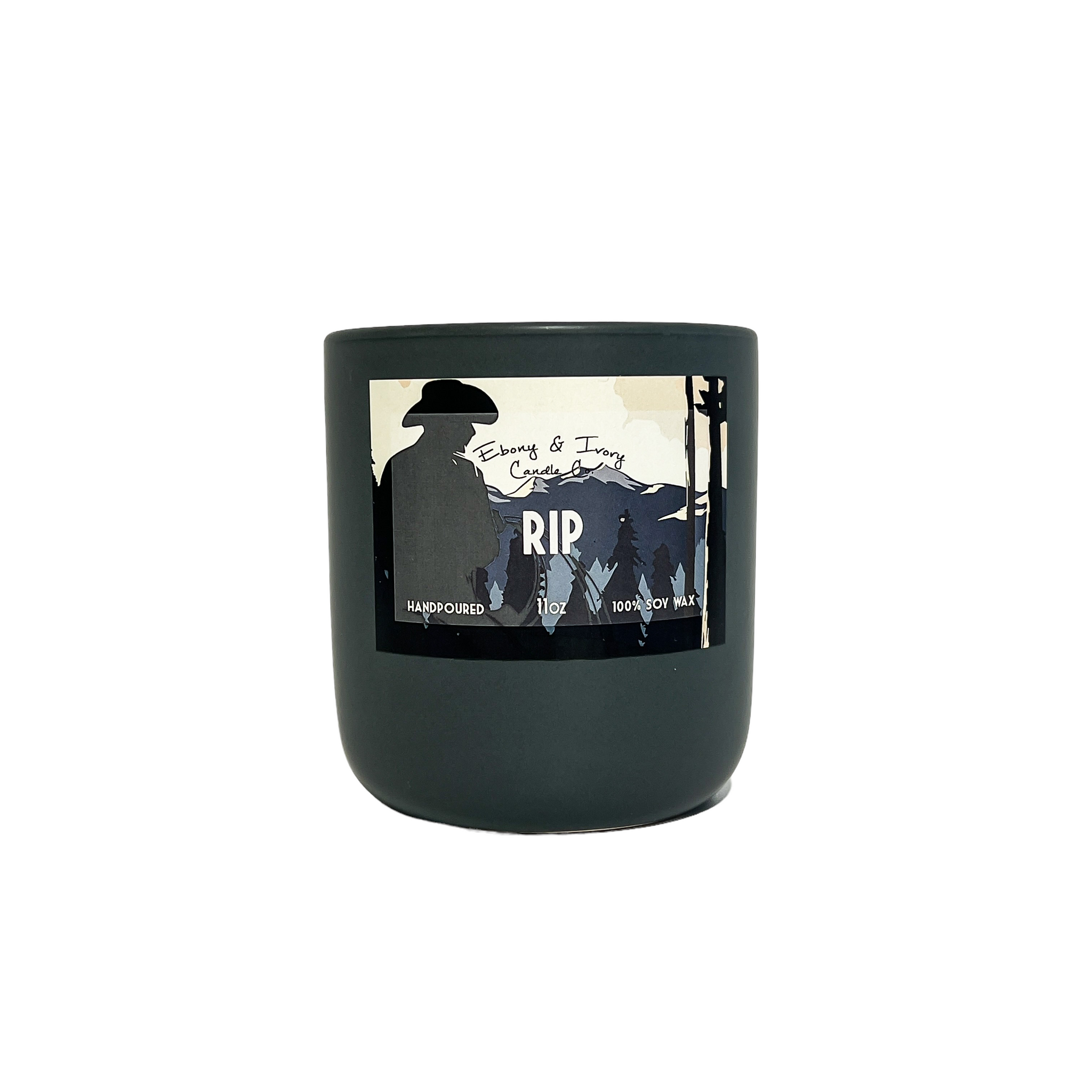Grey, eleven ounce, apple and bourbon scented soy wax candle labeled Rip